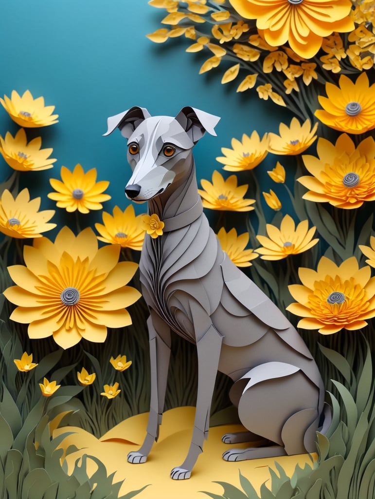 Grey Whippet dog surrounded by yellow flowers