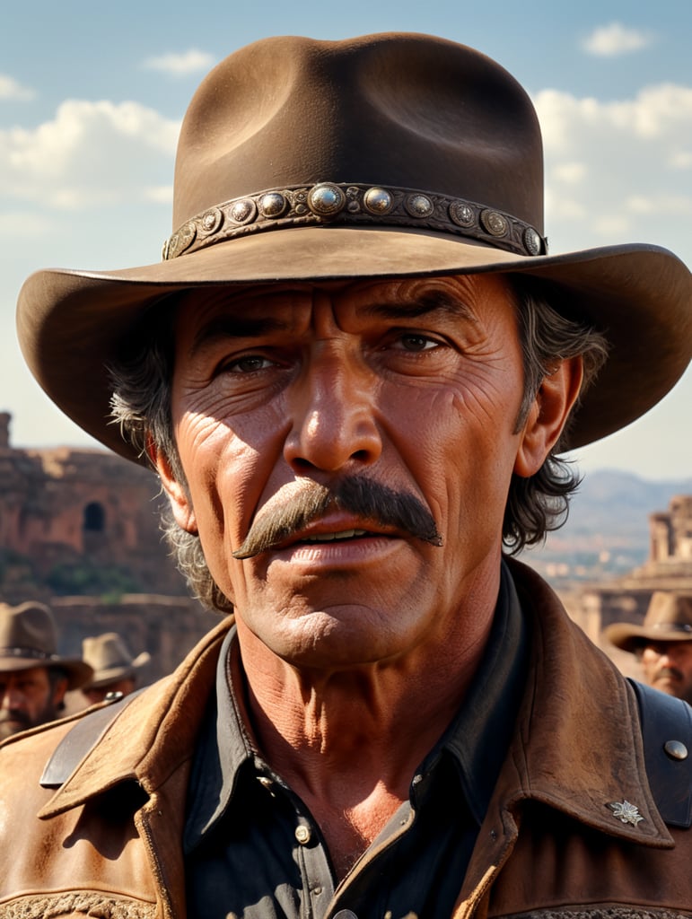 Charles Bronson, once upon a time in the West, close-up scene, cowboy hat, play harmonica, in Rome sculpture style