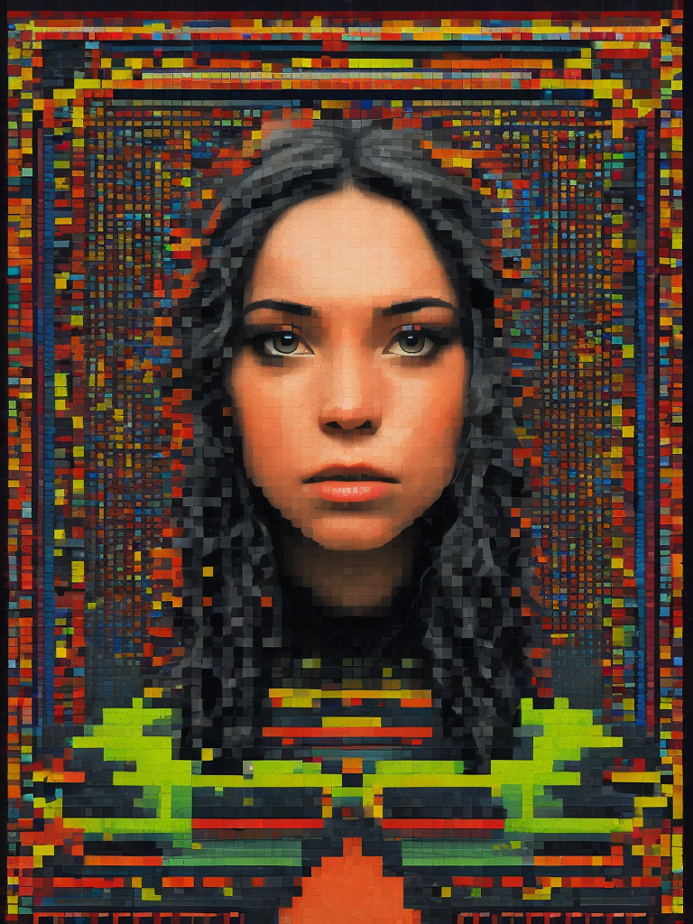 A catgirl with something on her face, in the style of pixelated landscapes, stereoscopic photography, intricate weaving, webcam photography, tabletop photography, rectilinear forms, mcdonaldpunk