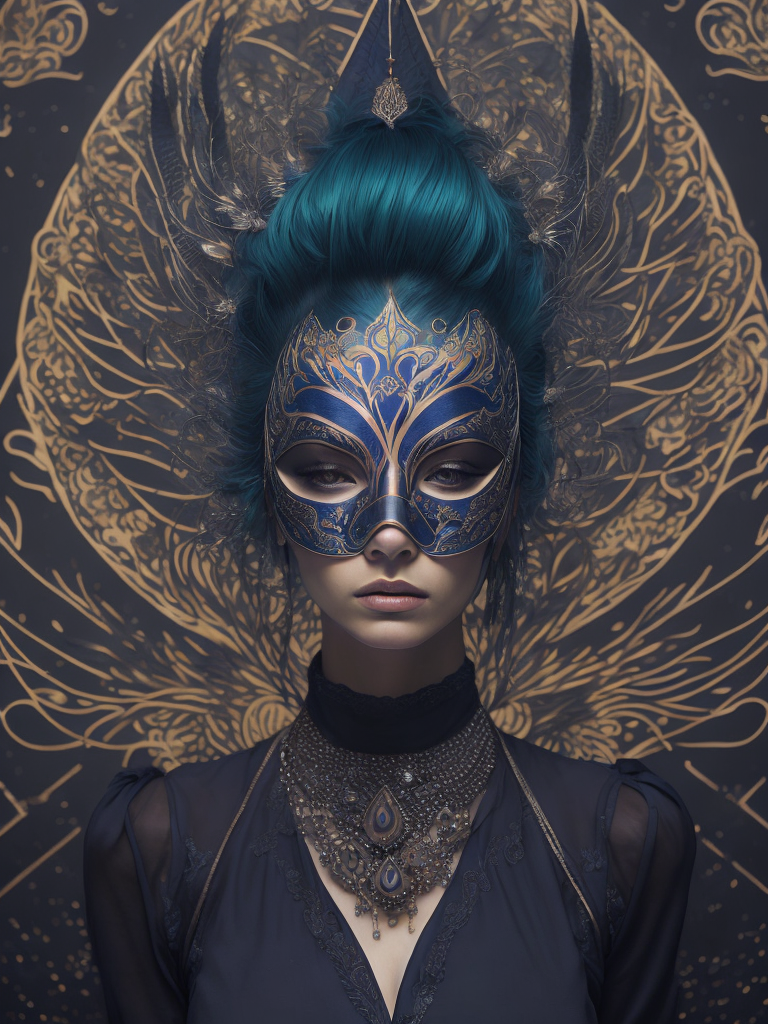 Centered detailed portrait of a masked woman wearing a venetian mask, vibrant peacock feathers, intricate, elegant, highly detailed, digital painting, artstation, smooth, sharp focus, illustration, illuminated lines, outrun, vaporware, intricate venetian patterns, cyberpunk darksynth, by audrey kawasaki and ilya kuvshinov and alphonse mucha