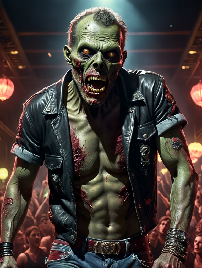 vintage movie cinematic still of a zombie wearing nightclub hip clothing, using an iPhone, in the style of 1990's party club flyers