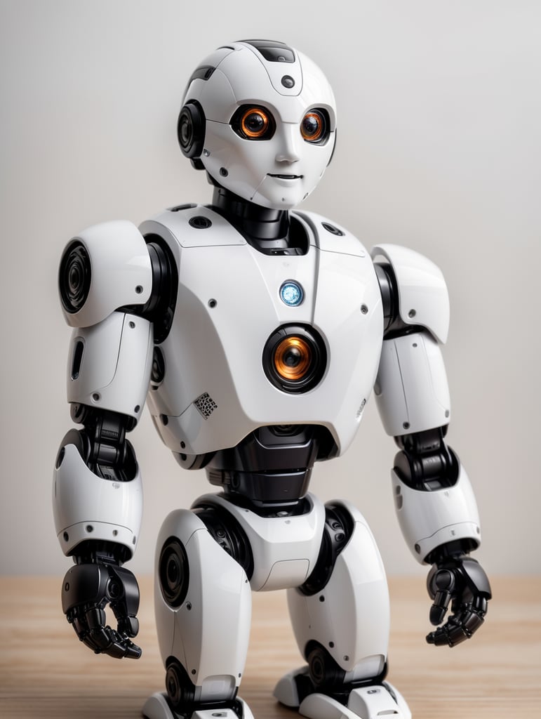 child toy, humanoid friendly robot, hands with three fingers, plastic, curvy shapes, white body with black details