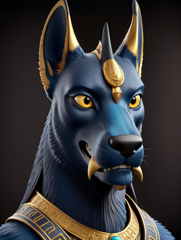 Egyptian god Anubis, portrait, hyper-realistic, dark style, focus on face, sharp on details, black background