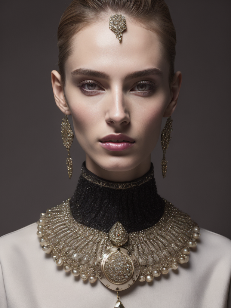 retrofuturistic massive huge jeweled necklace with huge diamonds and jewels on interplanetary interspecies male robot monster, horrific, terrifying, scary, mean. many spirder eyes, huge big jewel encrusted clothing, big pearls, precious gems. The set design is bold geometric patterns photographed by Romina Ressia, film still from wes Anderson, Gucci, Versace, givenchy, medium shot fashion, award winning photography, arty pose, fashion, diaphanous layered ultra haute couture, high definition, high resolution, bold vibrant colors , volumetric lighting, 8k, 3d render