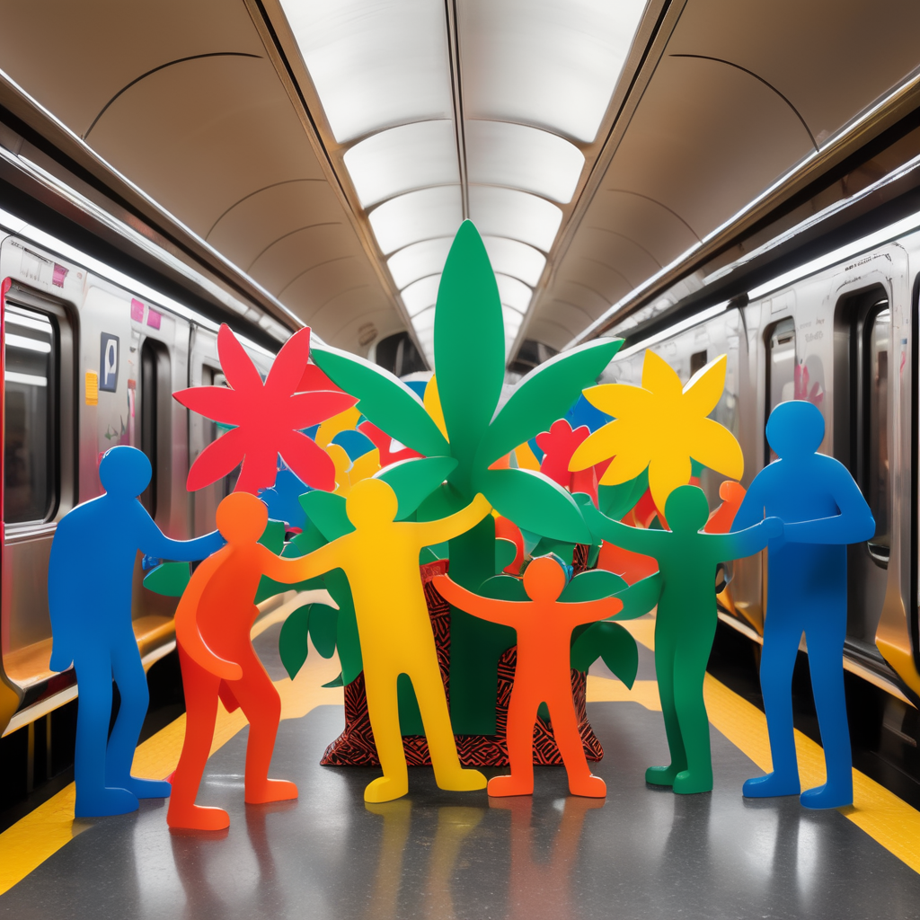 giant acrylic plant toys of vibrant colors inspired by Keith Haring in the middle of a Metro train with some people homeless