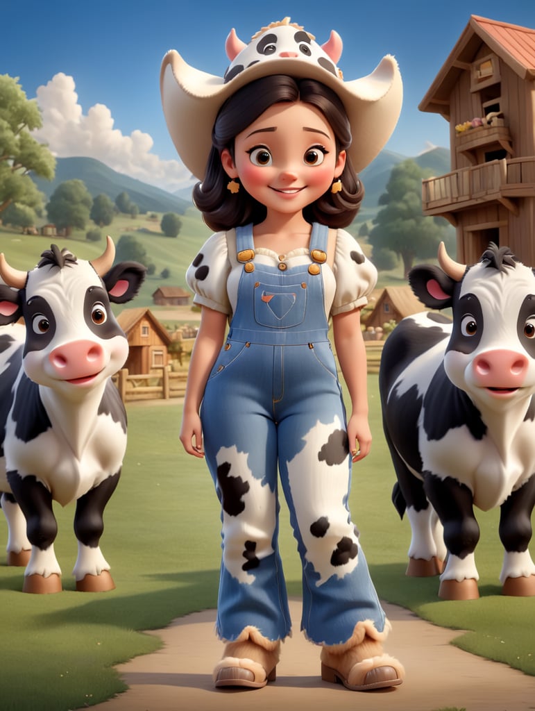 Draw a happy young woman wearing furry slippers on her feet that look like small holstein cows. The woman wears a large cowbow hat and denim overalls, and is standing in a barnyard with bears shown in the background.