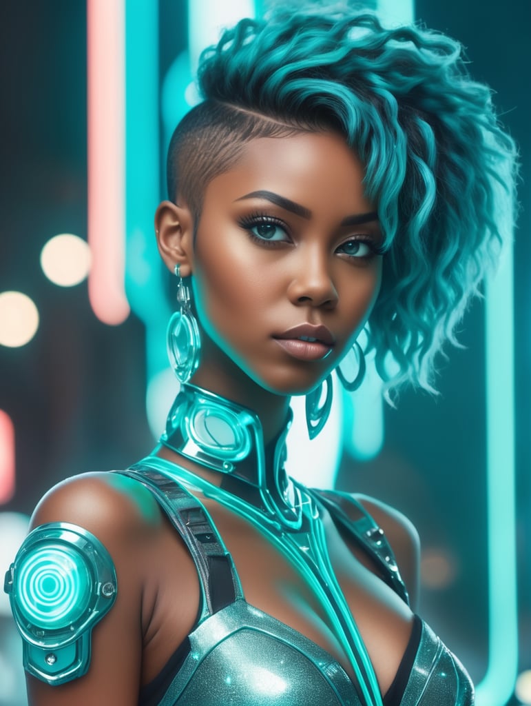 a young beautiful punkrock black woman with a cyan punkrock haircut in futuristic dress is posing in front of a neon light, in the style of realistic hyper-detailed rendering, white and cyan, greeble, timeless grace, evgeni gordiets, blink-and-you-miss-it detail, otherworldly beings