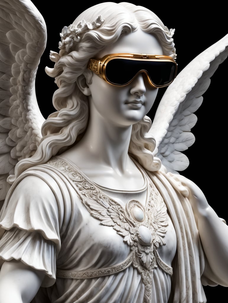 Marble antique angel in VR glasses Google. Isolated black background.