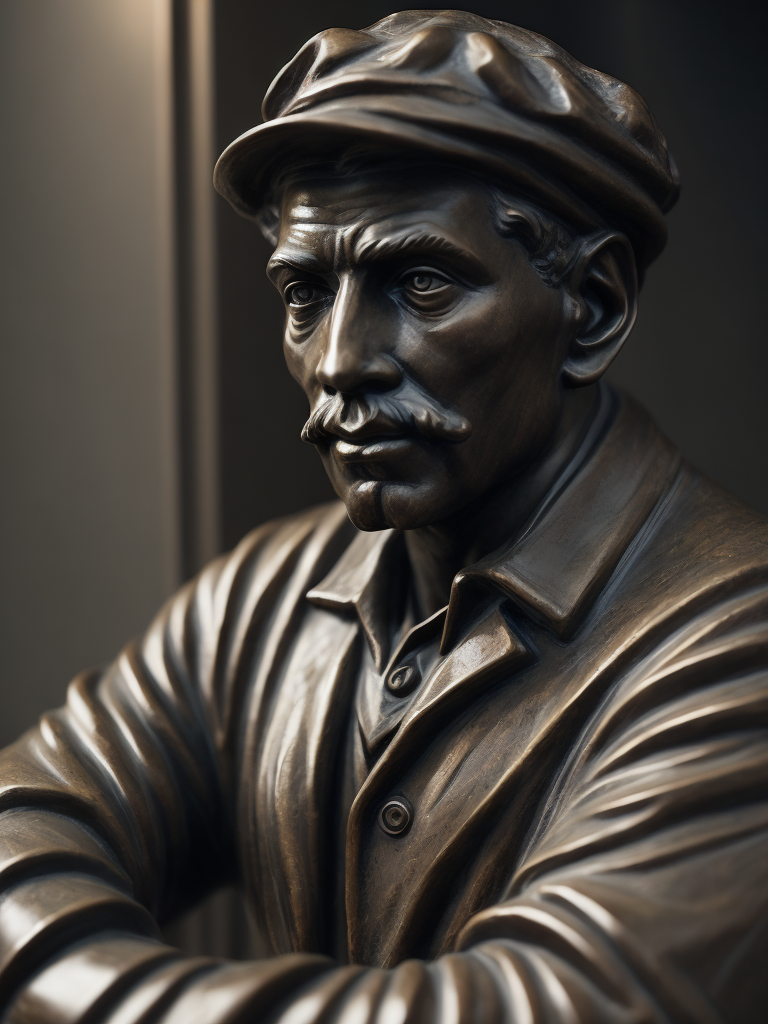 (((black marble statue))) of a english train worker, 1900, dark atmosphere, sharp on details