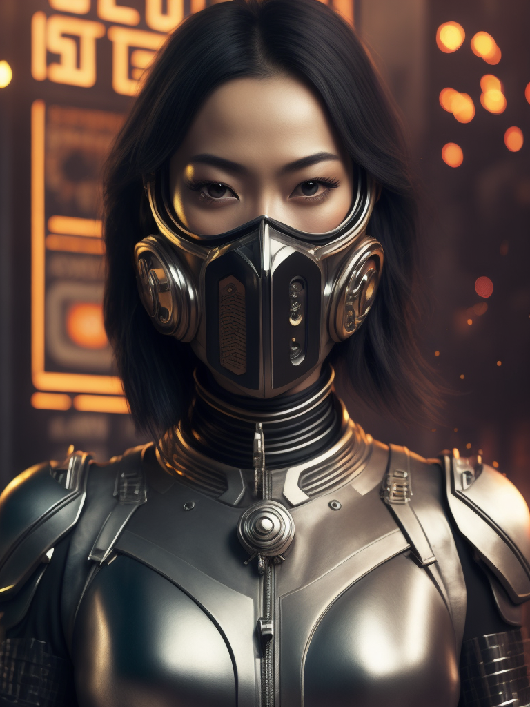 girl dressed in chrome mask and realistic cyberpunk outfit, the mask is metallic, a bit robotic, vintage medium shot 1920's poster with corean ethnicity, with background of futuristic style buildings and futuristic rockets, a little geisha, with a chrome, metallic color mask