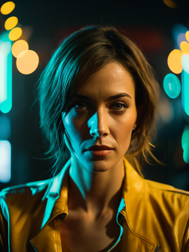 a women looks on the camera, yellow side lighting, focused gaze, canon 50 lens, focus on the face everything else is in blur, the blade runner scene.