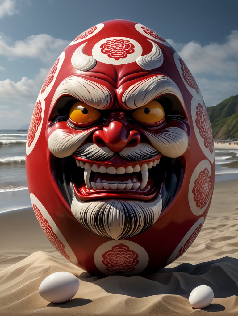 Japanese happy red and white dominated daruma figure as an egg. Situated on a beach close to the sea. Left eye is blanc.