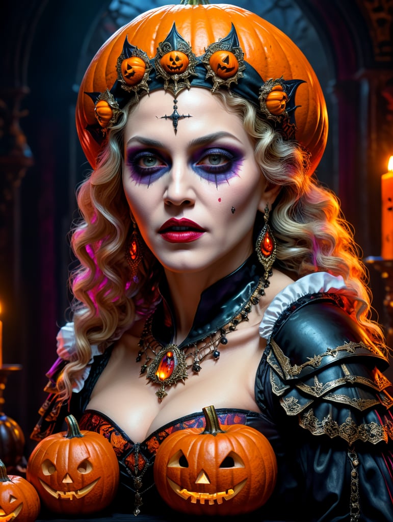 Madonna wearing spooky Halloween costume, Vivid saturated colors, Contrast color