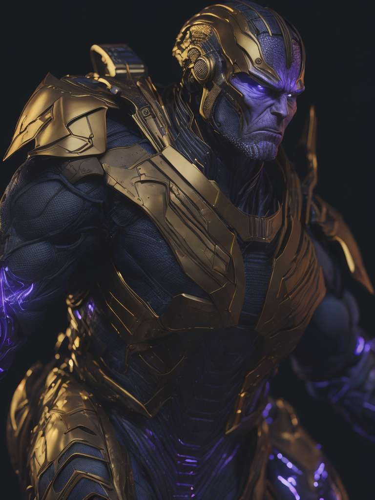 Golden glove of Thanos with infinity stones, Contrast light, 3d render, Dark purple background with stars, sharp details, high detail