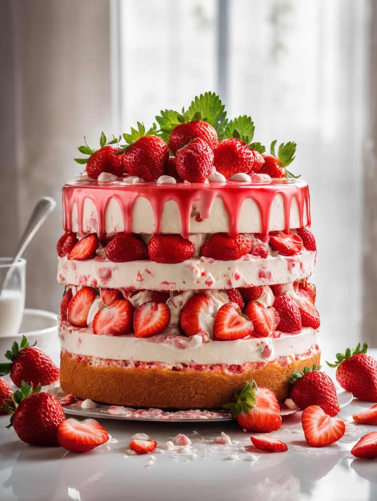 the moment after a strawberry cake explodes from inside, splitting it in two and splattering fragments in all directions, scattering strawberries and cream, very fast shutter speed,volumetric lighting, Reflective glass plate behind and below