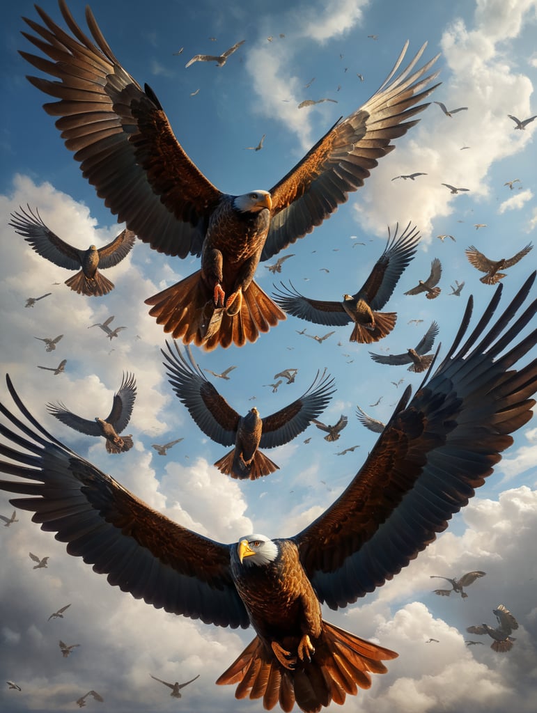 High above a magnificent display unfolds as a 5 birds soar through the expansive blue sky With their wings spread wide