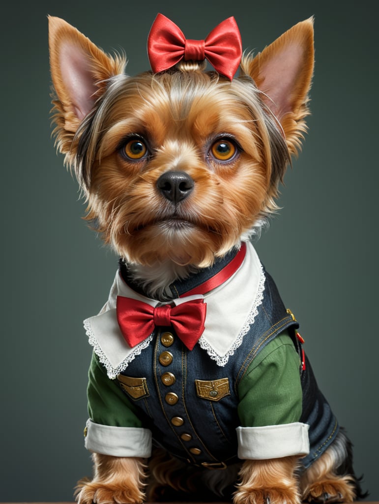 собака йоркширский терьер женского пола с серой шерстью, черными глазами,коричневым носом и бантиком на голове. собака на руках у девушки с красным каре, зелёными глазами, бедной кожей, одетой в чёрные джинсы и белую рубашку