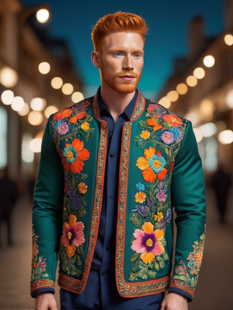 Beautiful ginger man with freckles, wearing a colorful, vibrant, detailed embroidered jacket, medium-full shot, at night