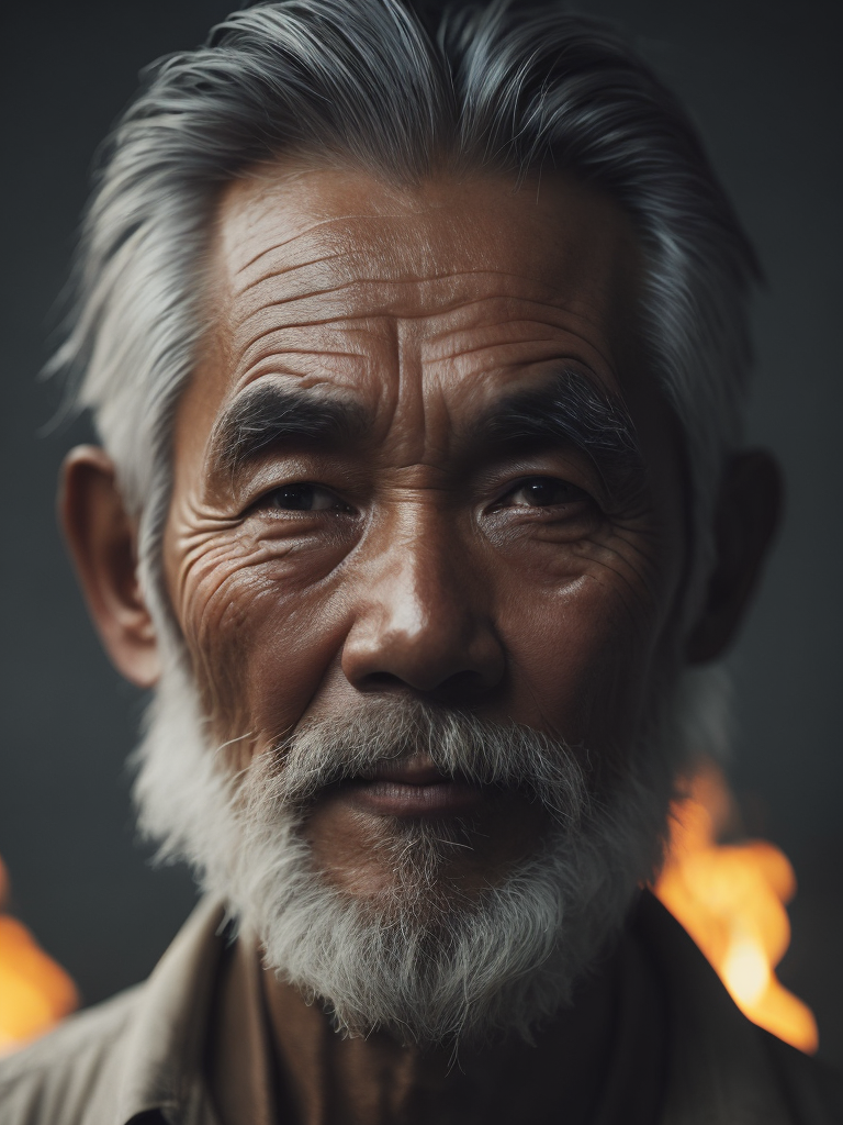 A close-up of a Vietnamese old man's face, illuminated by the light of a fire, with a backdrop of a dirty river and a shanty town.