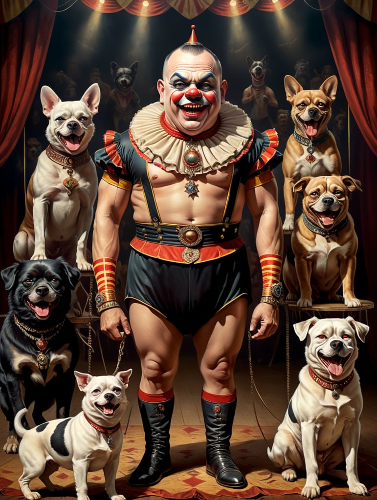 Vintage style circus sideshow poster of a full body anthropomorphic Scary midget with dogs head