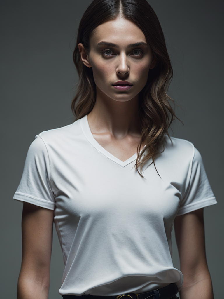 a torso of a man wearing a white t-shirt, front view, grey background