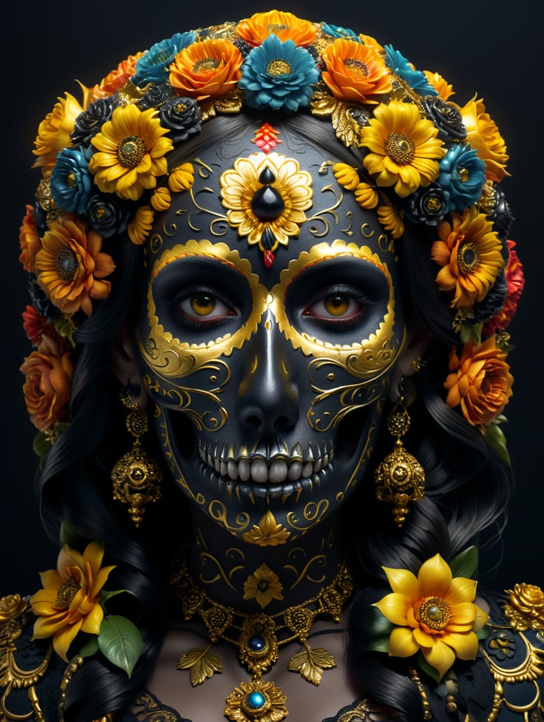 mexican, sugar skull, ornamental, flowers, garlands, gold and black colors, 3d style surrealist art, painting, girl, glamorous, dark