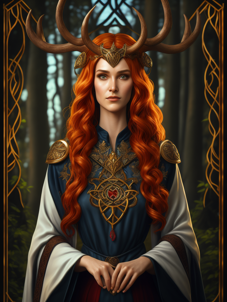 stained glass effect, celtic pagan red haired woman wearing antlers on her head, regal goddess, beautiful, in a forest, wearing ancient goddess robes with celtic embroidery, dark evening background, stained glass style