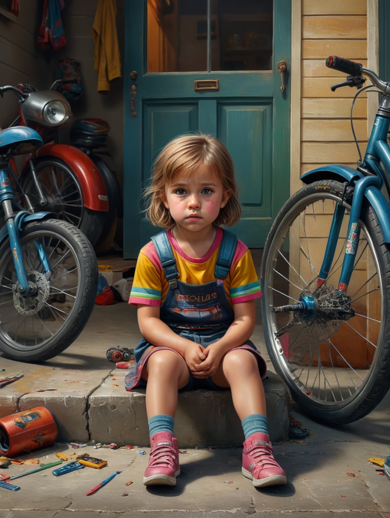 cute little girl with scratches on her knees and a sad expression aged 5 colorful attire photorealistic artwork highly detailed in full view of a house in front of a garage with a child bicycle on the floor lighting simple neutral background