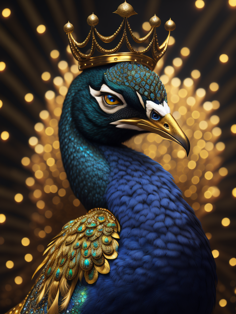 Magical king peacock wearing expensive jewelry that is magnificent, incredibly detailed, intricate, with brilliant bright shimmering sparkling glittering diamonds on glowing shining precious luminous gold, Royal rich luxurious