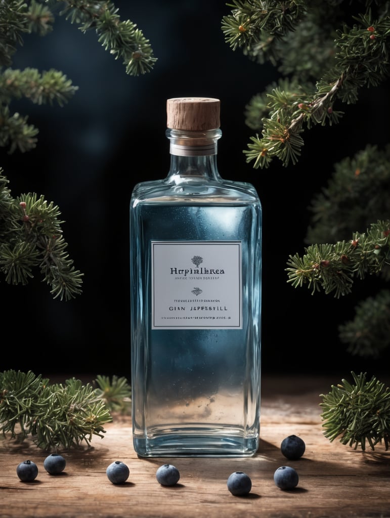 professional photography of a square gin bottle, square bottle, surrounding a juniper and juniper berries, one shot of gin in a front, no label, clear, mockup