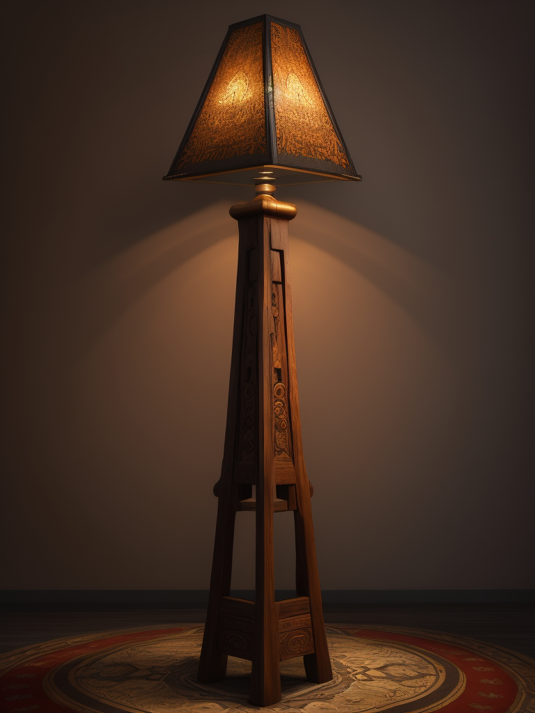 Floor lamp with carved wooden leg, first nation motives, north america redskin