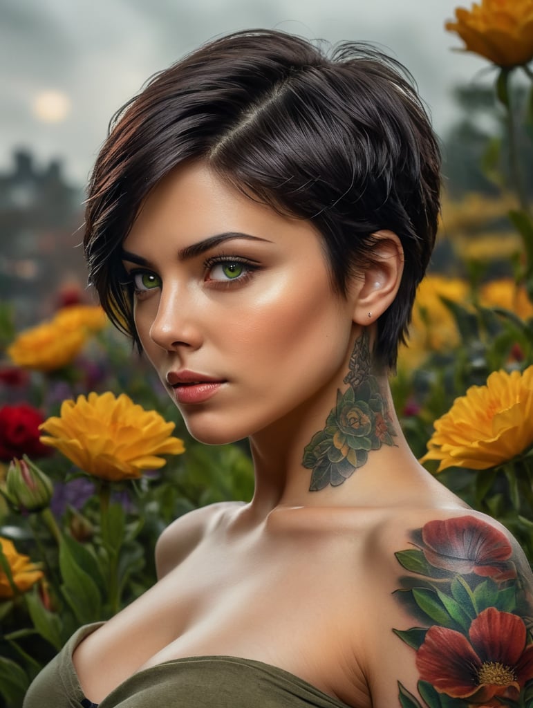 headshot lady with short dark pixy cut hair, green eyes, strapless shirt, tattoo on arm, realistic, smooth skin, flowers in the background, dark moody, mistcal, dramatic, in abstract painting style