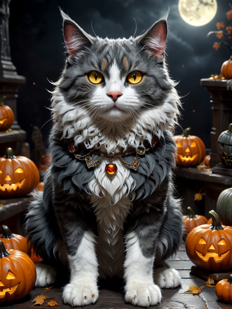 a cat named knopa gray wool, white paws, Halloween theme