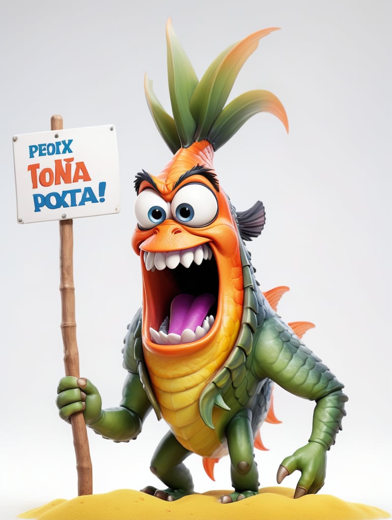 a realistic angry Genetically modified fish koi holding a sign "LAGATOTO", WHITE background