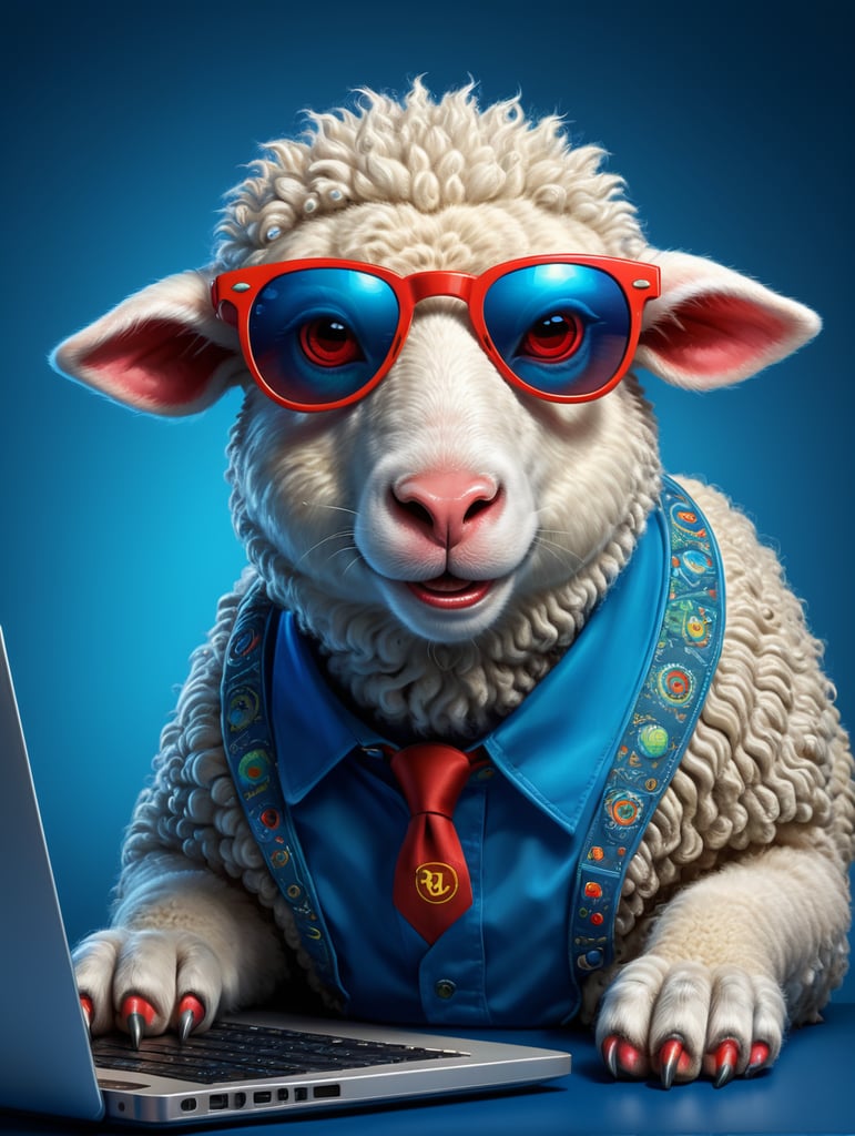 cute cartoon sheep sitting front of a dell laptop, flipped keyboard, programmer, wearing red sunglasses and a blue shirt, Vivid saturated colors, Contrast color, blue background