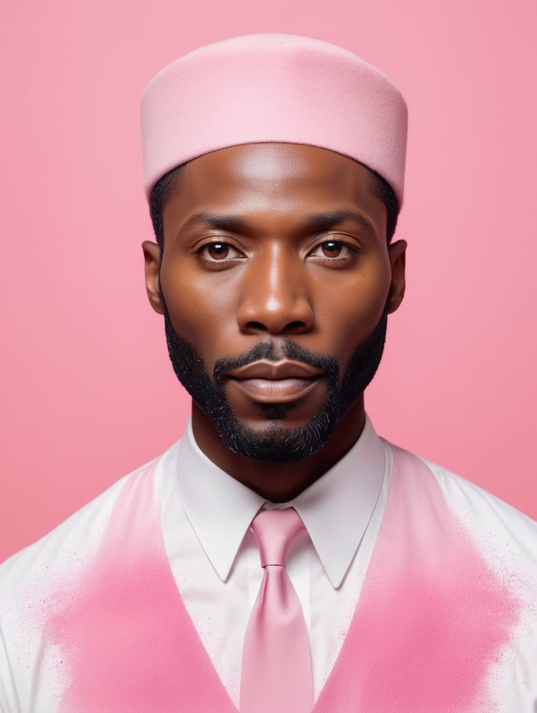 a black man, colourful powder, black background, Wes Anderson style