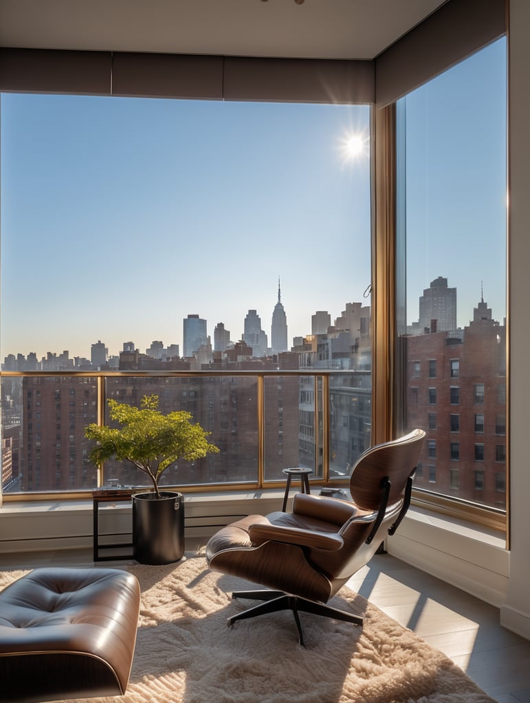 corner window of a understated luxury apartment, morning, sunrise, golden hour, calm feeling, coffee, modern brazilian lounge chair, light rug, soho new york view, playground view, a couple of trees, buildings in the view 5 stories tall.