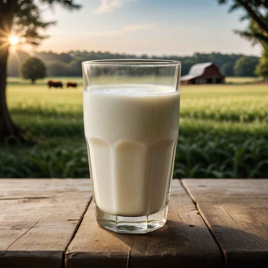 A mockup of a glass of milk, farm blurred background