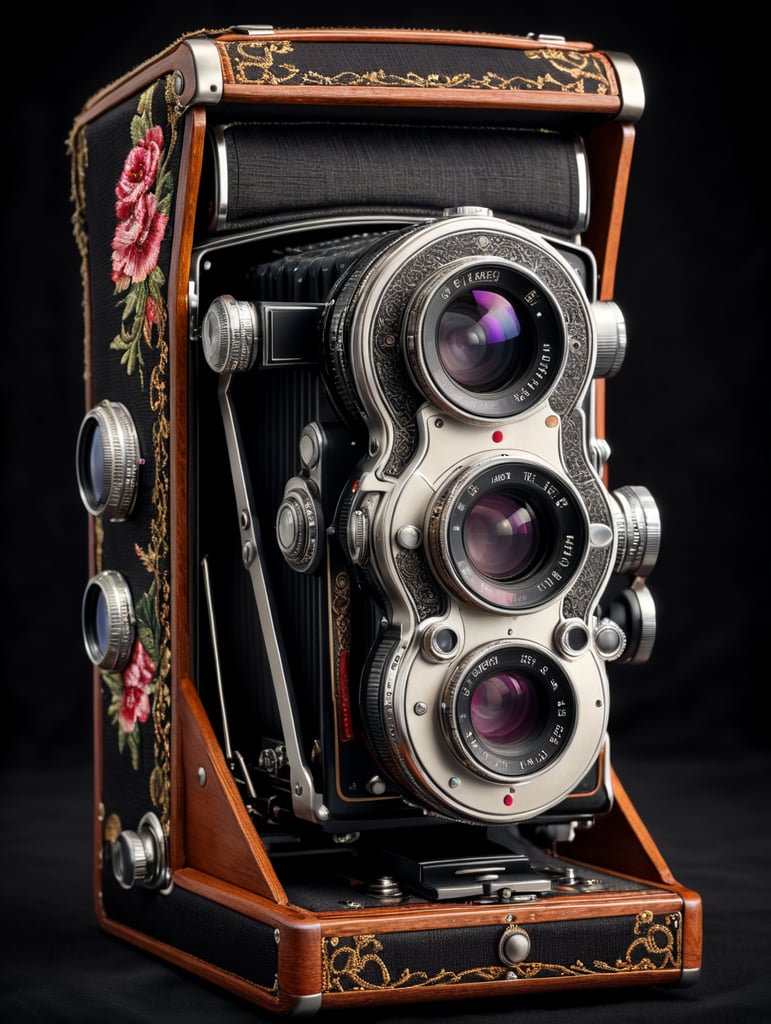 Vintage camera nicon, decorated with textile, fabric case, isolated, black background