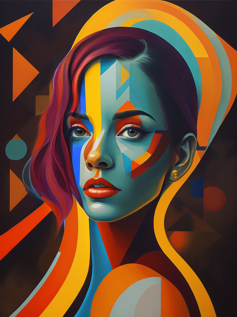 Paint a portrait of a woman that showcases her beauty and artistry through a unique combination of vibrant colors and geometric shapes, capturing her essence and individuality in an imaginative and captivating composition.