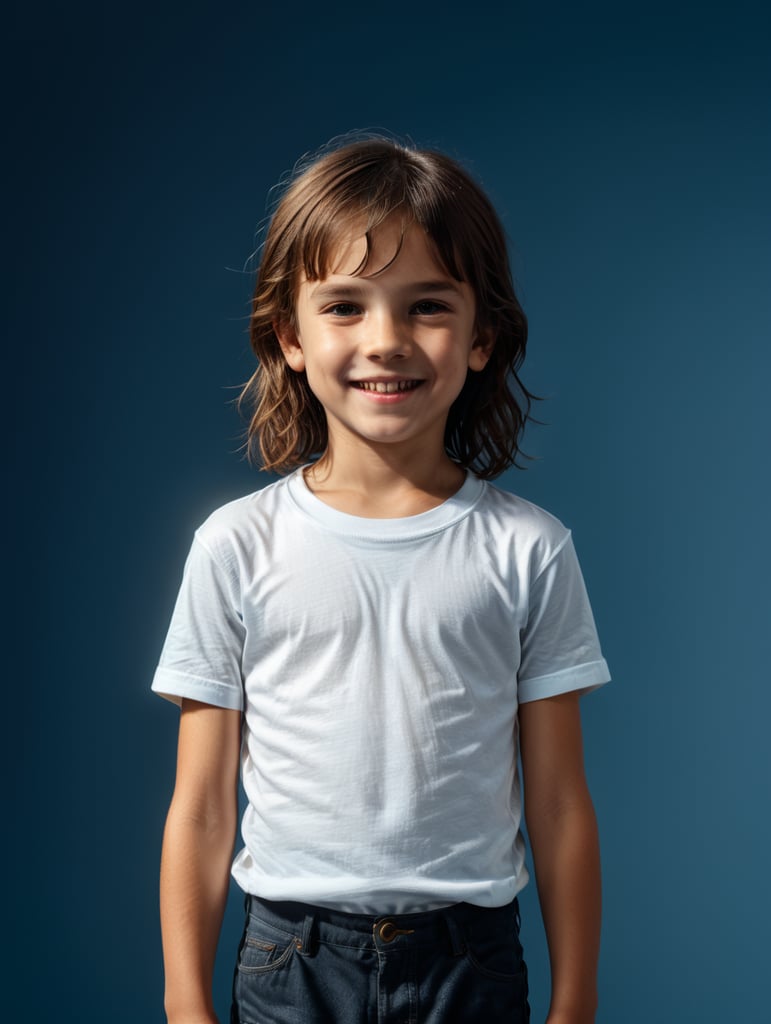 a boy and girl wearing white t-shirts, standing in front of blue background, blank shirts no print, 16 years old smiling toddlers, photo for apparel mock-up