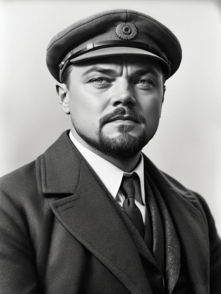 Closeup Portrait of Balding Leonardo DiCaprio as Lenin, ((Balding)), (Circle beard), Muted colors, Dressed in a gray three-piece suit and gray coat, Professional shot, High quality, 1920s, Lenin haircut,