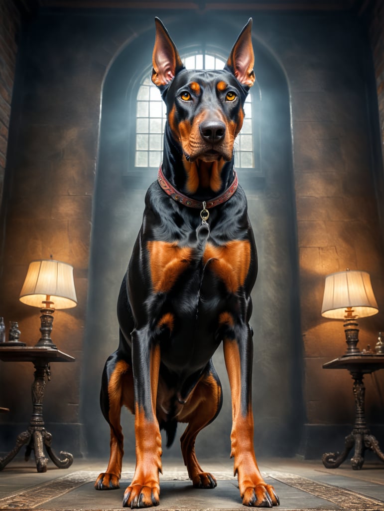 intimidating Doberman dog sitting on hind legs and looking directly at the camera