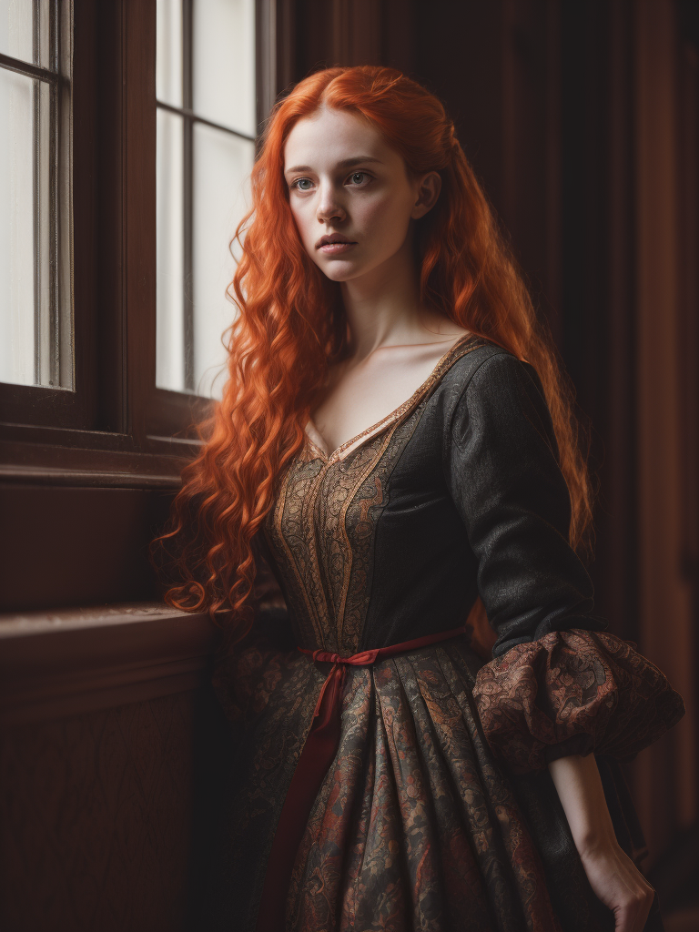 Portrait of a red-haired young girl in front of a window, vintage dress, 15th century, painting, oil, Italy, style of Sandro Botticelli, illustration,