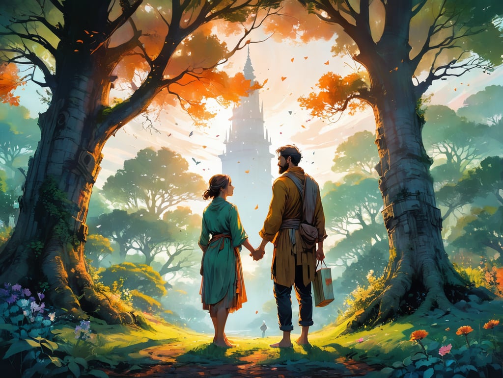 In a serene, sunlit garden, two people stand beneath a towering oak tree. They face each other, holding hands, their eyes filled with deep affection. Around them, vibrant flowers and lush greenery symbolize growth and life. On the ground, an open Bible rests, its pages gently rustling in the breeze. This one frame scene encapsulates a love story rooted in faith, where love and spirituality intertwine, giving strength and depth to their connection.