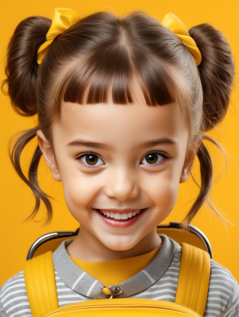 photo happy little girl going to travel, cute girl, dressed in all yellow, yellow background, harpers bizarre, cover, headshot, hyper realistic