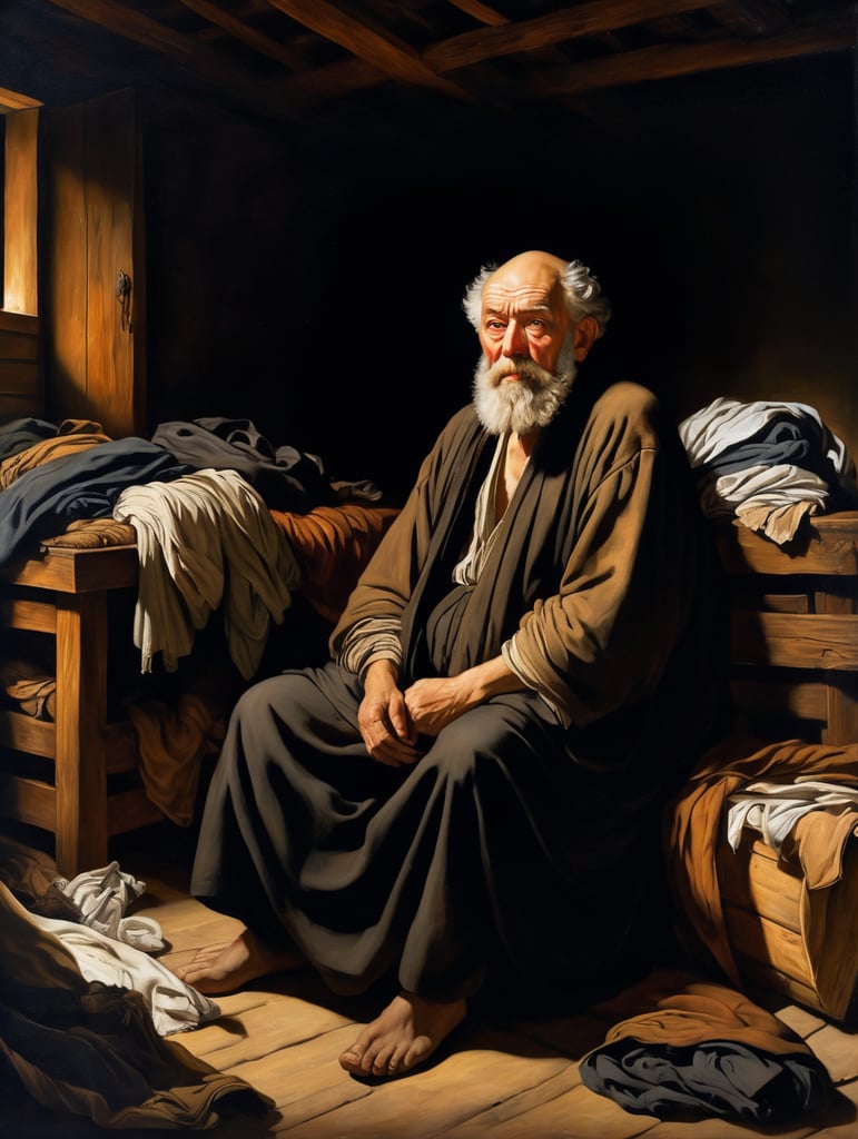 A masterpiece painting by Caravaggio and Rembrandt, fullshot view of a bearded old man, suffering, lying on a pile of old clothes, surrounded by beautiful canvases of masterpiece paintings, in a poor wooden house, at very dark night at the shadows