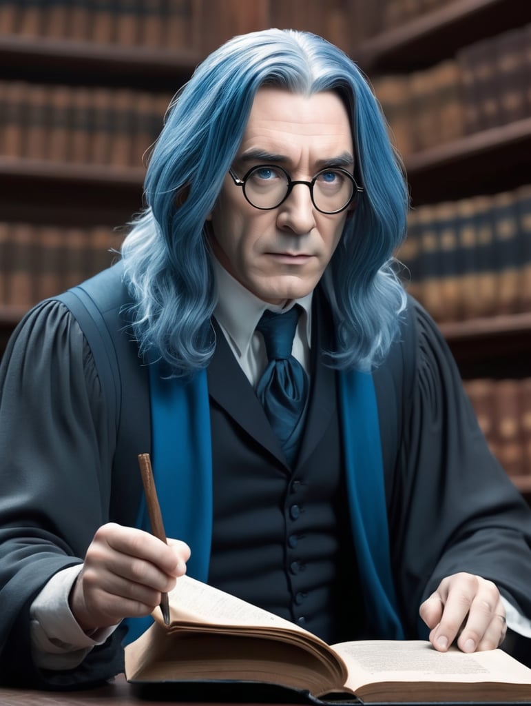 professor Snape from Harry Potter with blue hair, serious face teaching a lecture