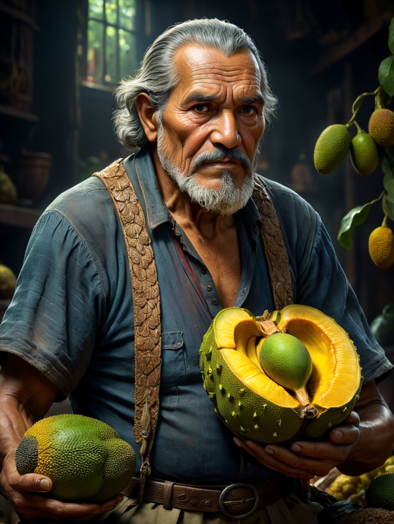 An old south american man, holding a jackfruit, in pixar style