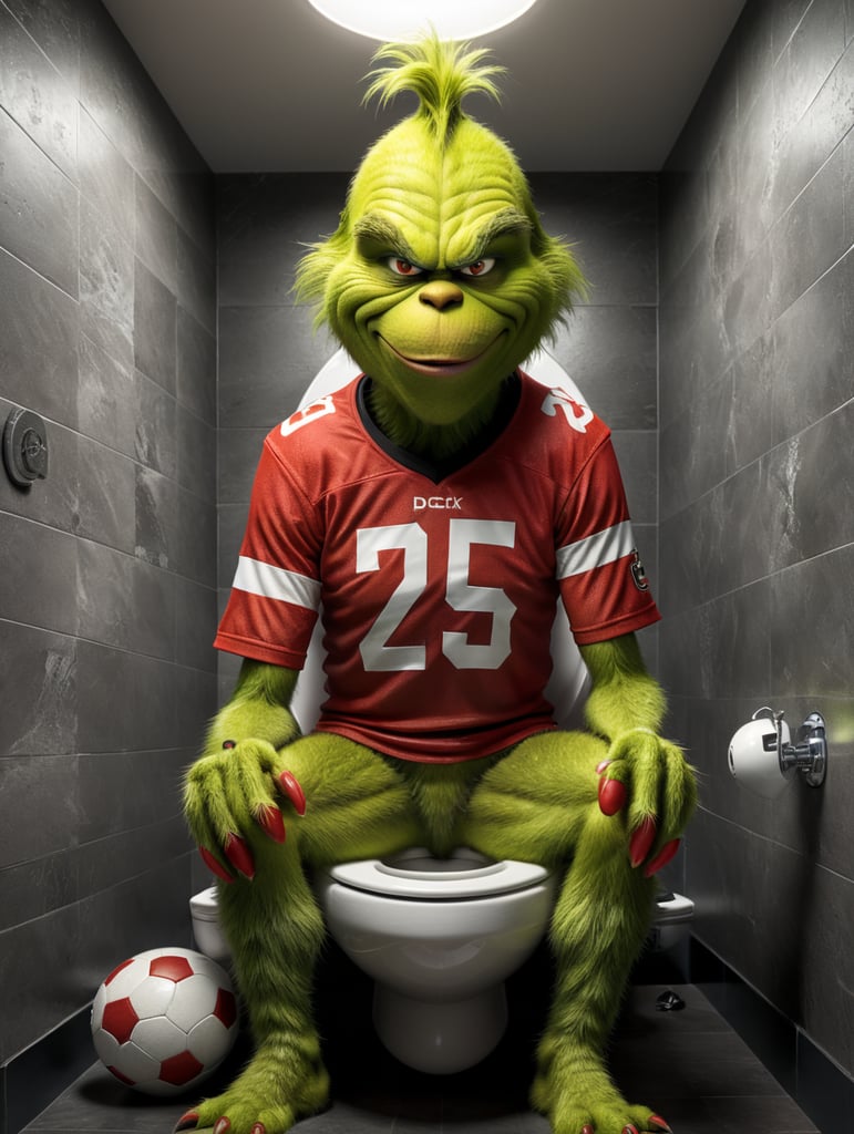 The Grinch wearing a football jersey, he has an evil grin and he is sitting on a toilet bowl in the shape of a football helmet